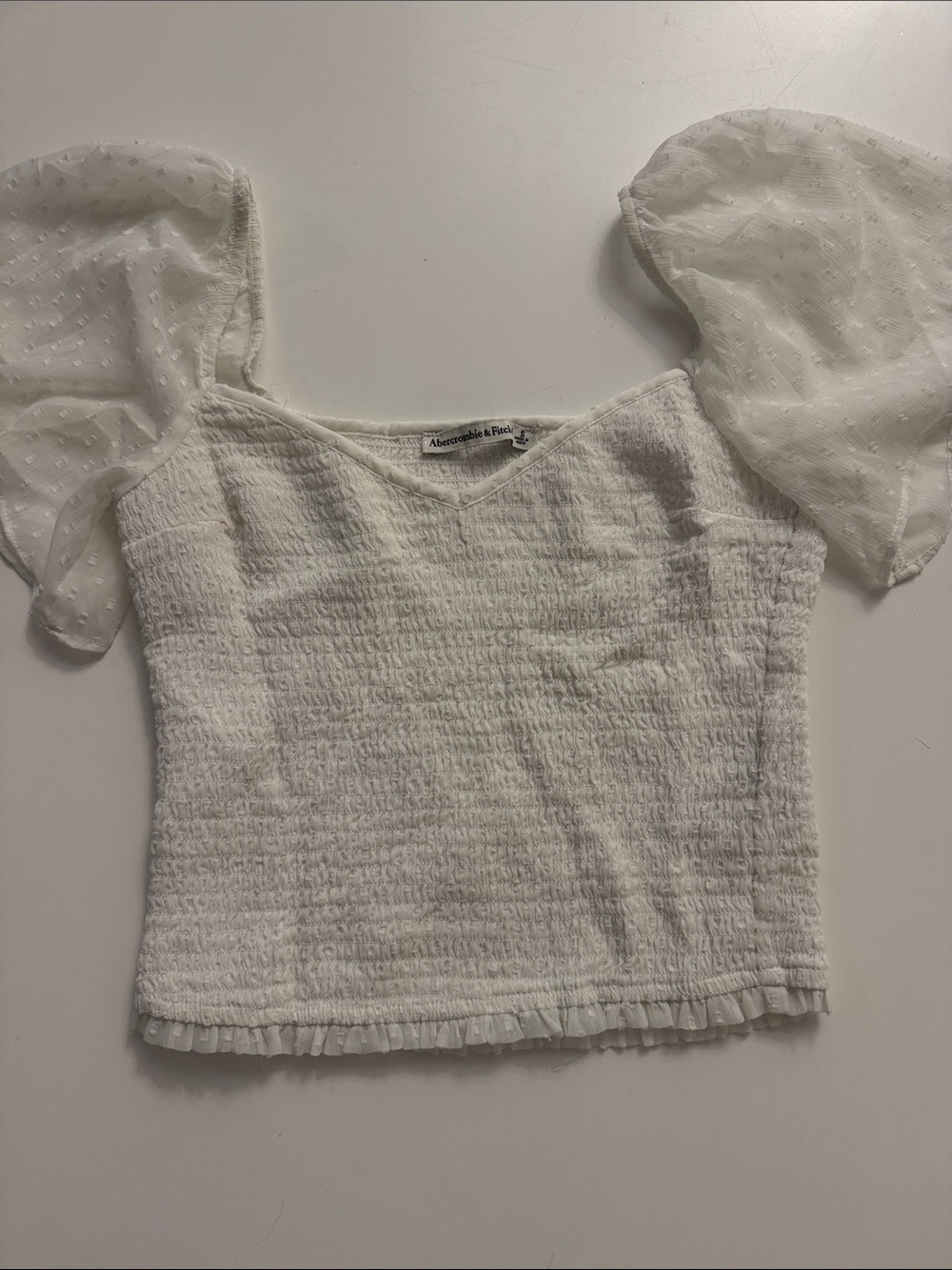 Abercrombie & Fitch White Smocked Crop Top with Puff Dot Sleeves